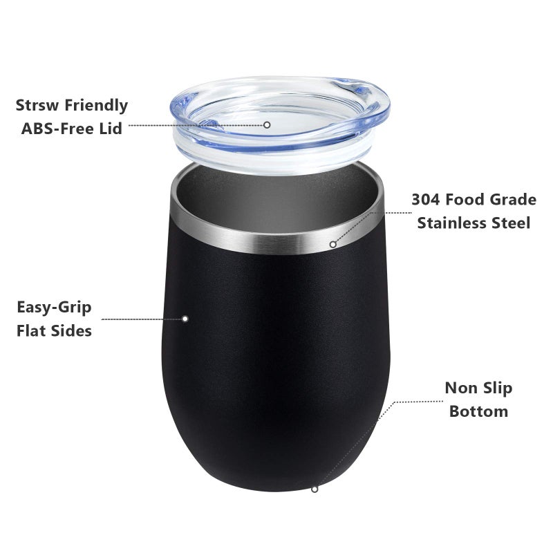 MEWAY 12oz Wine Tumbler 16 Pack Bulk Gifts for Women,Double Wall Vacuum Stainless Steel Travel Mug with Lid,Insulated Stemless Wine Cup Glass for Coffee,Cocktails,Drinks(Black,Set of 16) - Image 2